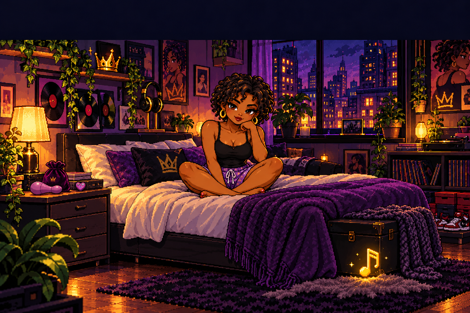 Elne adulte dans sa chambre, ambiance violette